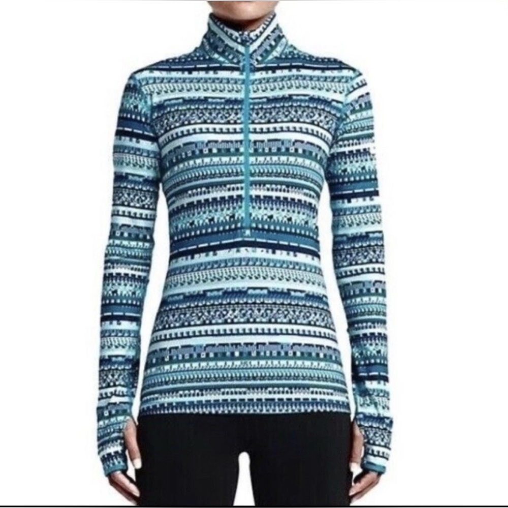 Nike Pro Warm Aztec Geometric Blue Half Zip Pullover Mock Neck Top Size M